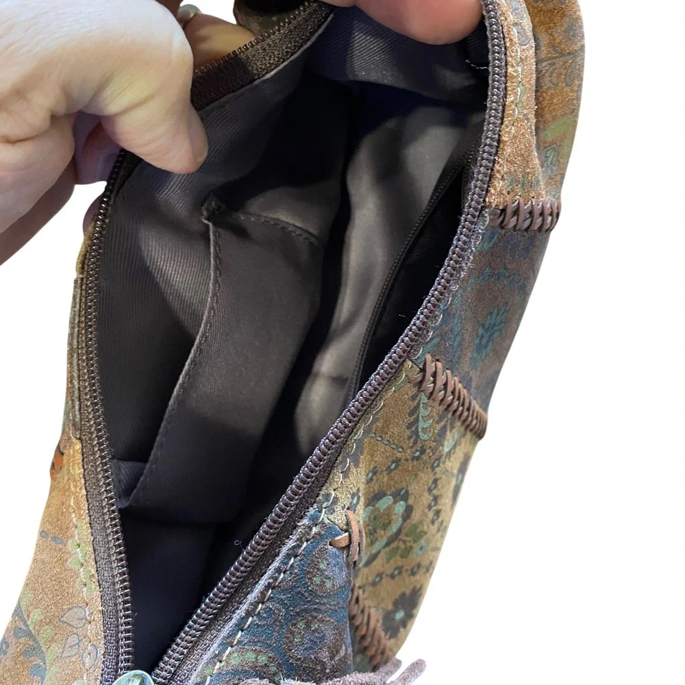 Floral Paisley Patchwork Suede Hobo Bag Tassel Whipstitch Brown Boho Bag